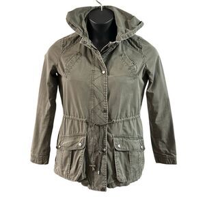 JouJou Womens Olive Green Long Sleeve Snap Zip Hooded Utility Jacket Size Small